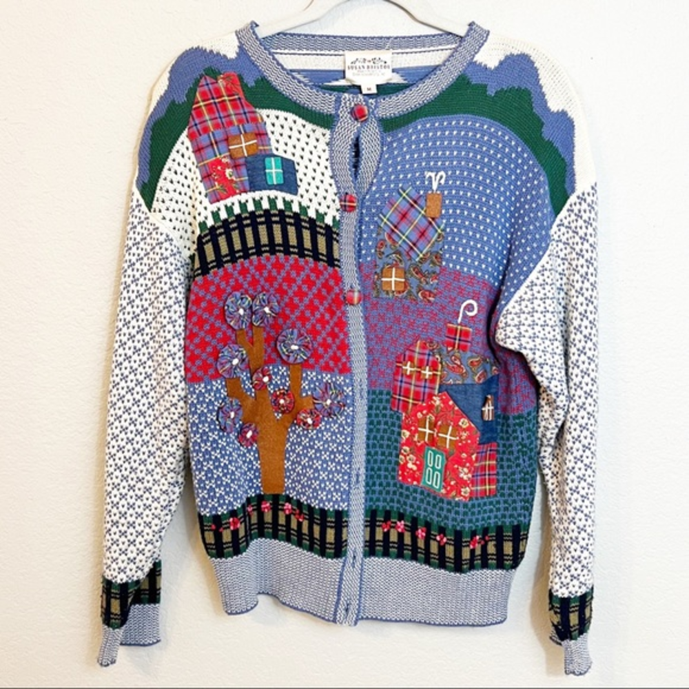 Vintage Applique House Cottage Patchwork Cardigan Medium